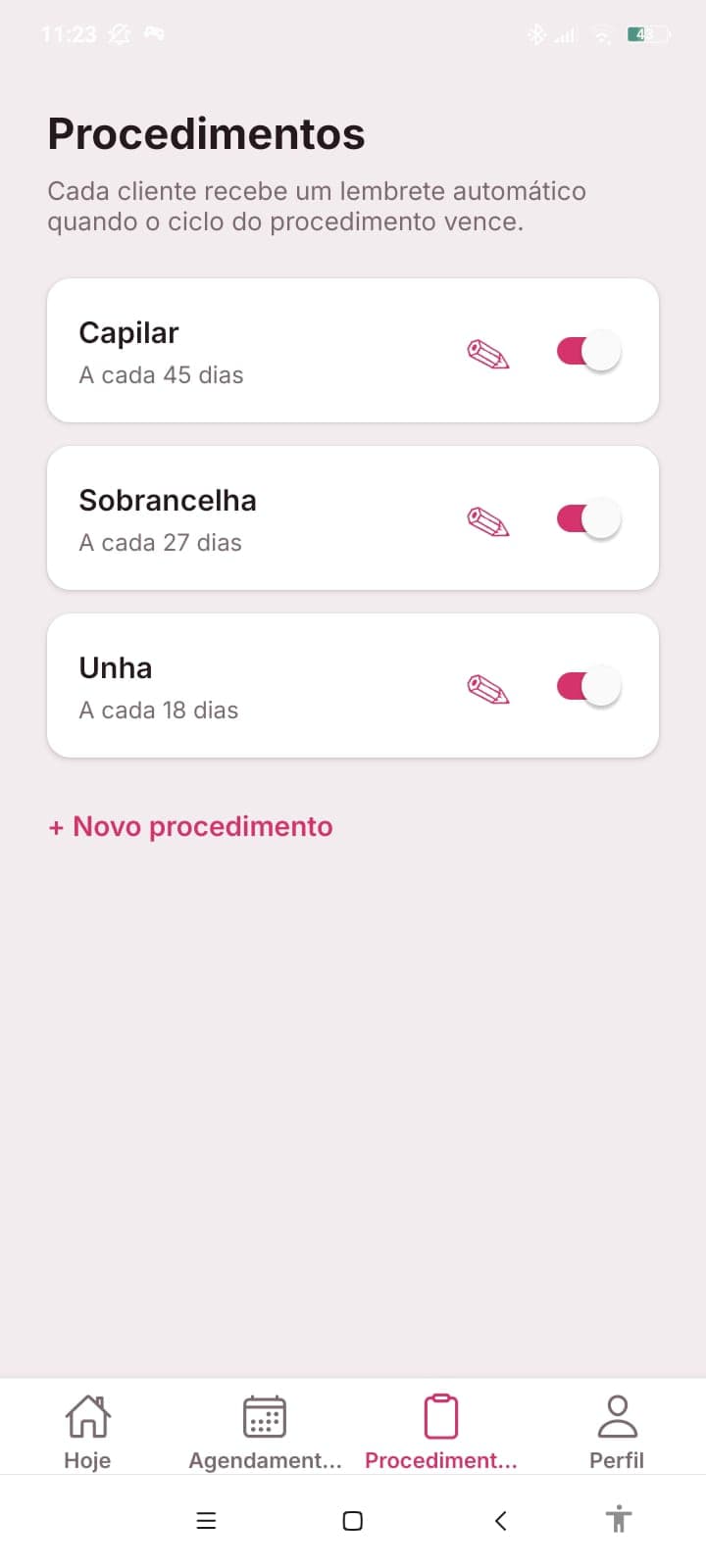 Tela de procedimentos do app MarIA com o ciclo de recorrência de cada serviço