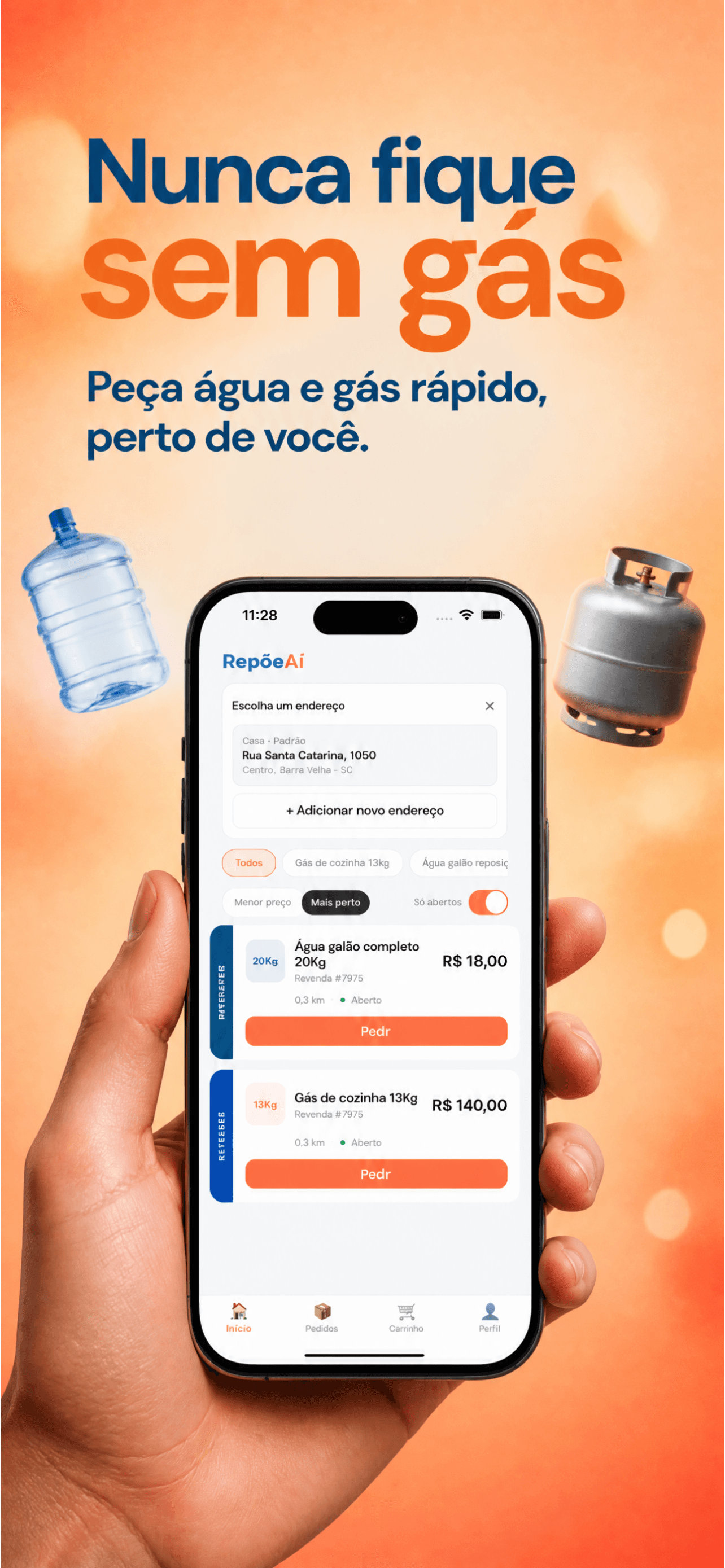 Tela inicial do aplicativo RepõeAí com lista de revendas próximas